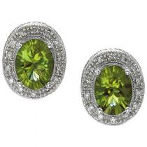14K White Gold 8x6 Oval Peridot and Diamond Earrings