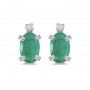 14k White Gold Oval Emerald And Diamond Earrings