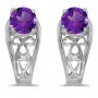 14k White Gold Round Amethyst And Diamond Earrings