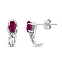14K White Gold Oval Ruby and Diamond Curve Post Birthstone Earrings