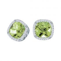 14K White Gold 7mm Cushion Peridot and Diamond Earrings