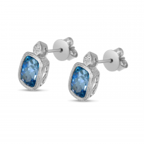 14K White Gold Blue Topaz Cushion Semi & Diamond Earrings