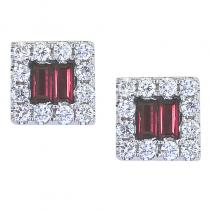 14K White Gold Diamond and Baguette Ruby Square Earrings