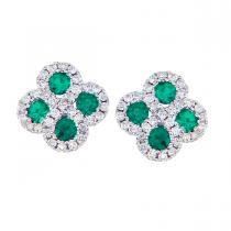 14K White Gold .60 Ct Precious Round Emerald and Diamond Clover Post Earrings