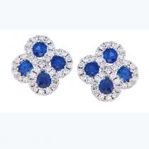 14K White Gold .60 Ct Precious Round Sapphire and Diamond Clover Post Earrings