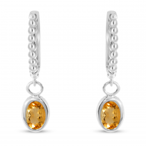 14K White Gold Oval Citrine Dangle Textured Huggie Earrings