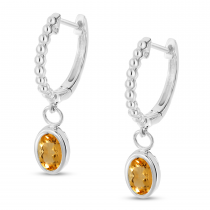 14K White Gold Oval Citrine Dangle Textured Huggie Earrings