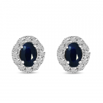 14K White Gold Diamond Halo & Oval Sapphire Earrings