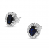 14K White Gold Diamond Halo & Oval Sapphire Earrings
