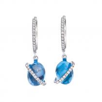 14K White Gold Oval Blue Topaz Cabochon and Diamonds Dangle Semi Precious Earrin