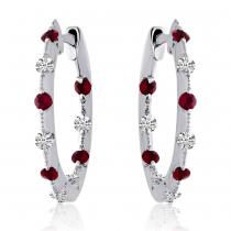 14K White Gold Precious Ruby and Diamond Tension Set Hoop Earrings