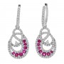 14K White Gold Round Ruby and .86 Ct Diamond Precious Hoop Dangle Earrings