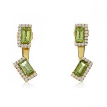 14K Yellow Gold Double Octagon Peridot and Diamond Semi Precious Fashion Earring