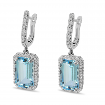 14K White Gold Large Octagon Blue Topaz and Diamond Semi Precious Drop Earrings