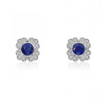 14K White Gold Round Sapphire and Diamond Filigree Precious Earrings