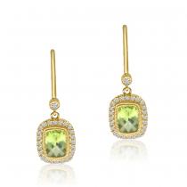 14K Yellow Gold Halo Cushion Peridot and Diamond Semi Precious Leverback Earring