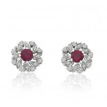 14K White Gold Round Ruby and Diamond Precious Floral Earrings