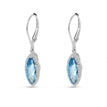 14K White Gold Blue Topaz Marquis Diamond Halo Leverback Earrings