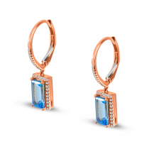 14K Rose Gold Emerald Cut Blue Topaz and Diamond Semi Precious Earrings