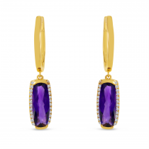 14K Yellow Gold Baguette Amethyst and Diamond Semi Precious Hoop Earring