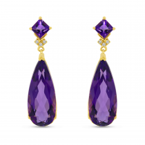 14K Yellow Gold Pear Amethyst and Diamond Semi Precious Dangle Earrings