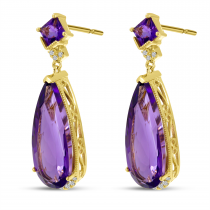 14K Yellow Gold Pear Amethyst and Diamond Semi Precious Dangle Earrings