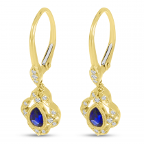14K Yellow Gold Pear Sapphire and Diamond Millgrain Precious Earrings