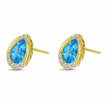 14K Yellow Gold Pear Blue Topaz and Diamond Earrings