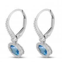 14K White Gold Oval Blue Topaz and Diamond Beaded Earrings