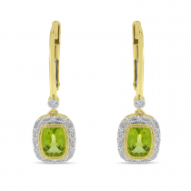 14K Yellow Gold Diamond Halo Cushion Peridot Earrings