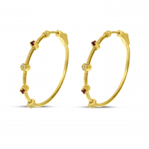 14K Yellow Gold Ruby and Diamond Flexible Hoops