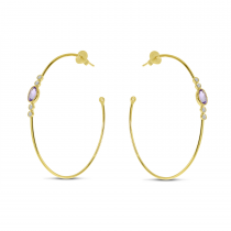 14K Yellow Gold Oval Amethyst Large Wire Hoop Earrings