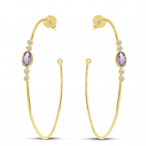 14K Yellow Gold Oval Amethyst Large Wire Hoop Earrings