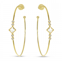 14K Yellow Gold Princess White Topaz Large Wire Hoop Earrings