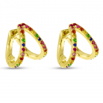 14K Yellow Gold Double Row Rainbow Sapphire Huggie Earrings