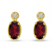 14K Yellow Gold Oval Garnet Millgrain Birthstone Earrings