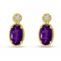 14K Yellow Gold Oval Amethyst Millgrain Birthstone Earrings