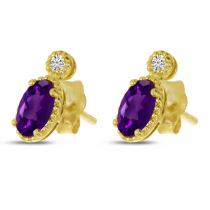 14K Yellow Gold Oval Amethyst Millgrain Birthstone Earrings