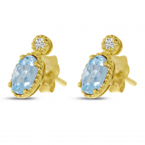14K Yellow Gold Oval Aquamarine Millgrain Birthstone Earrings