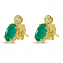 14K Yellow Gold Oval Emerald Millgrain Birthstone Earrings