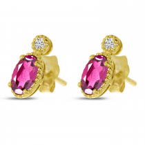 14K Yellow Gold Oval Pink Tourmaline Millgrain Birthstone Earrings