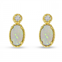 14K Yellow Gold Oval Opal Millgrain Birthstone Earrings