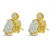 14K Yellow Gold Oval Opal Millgrain Birthstone Earrings