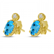 14K Yellow Gold Oval Blue Topaz Millgrain Birthstone Earrings