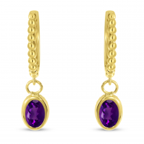 14K Yellow Gold Oval Amethyst Dangle Birthstone Textured Huggie Earrings