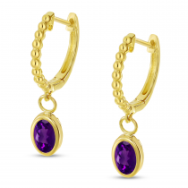 14K Yellow Gold Oval Amethyst Dangle Birthstone Textured Huggie Earrings