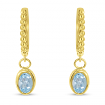 14K Yellow Gold Oval Aquamarine Dangle Birthstone Textured Huggie Earrings