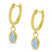 14K Yellow Gold Oval Aquamarine Dangle Birthstone Textured Huggie Earrings