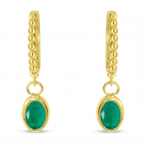 14K Yellow Gold Oval Emerald Dangle Birthstone Textured Huggie Earrings