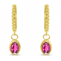 14K Yellow Gold Oval Pink Tourmaline Dangle Birthstone Textured Huggie Earrings